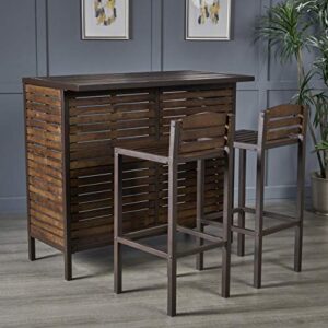 Christopher Knight Home Leni Indoor Acacia Bar Set with Rustic Metal Finish Accents, Dark Brown / Rustic Metal