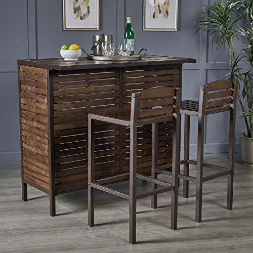 Christopher Knight Home Leni Indoor Acacia Bar Set with Rustic Metal Finish Accents, Dark Brown / Rustic Metal