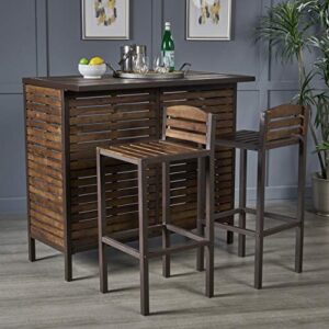 Christopher Knight Home Leni Indoor Acacia Bar Set with Rustic Metal Finish Accents, Dark Brown / Rustic Metal