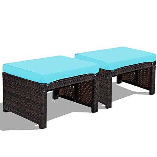 HAPPYGRILL 2 Piece Outdoor Wicker Ottomans, Patio Rattan Footstool with Cushions, Solid Steel Frame, Multifunctional Ottomans for Poolside Backyard Balcony