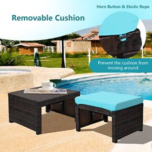 HAPPYGRILL 2 Piece Outdoor Wicker Ottomans, Patio Rattan Footstool with Cushions, Solid Steel Frame, Multifunctional Ottomans for Poolside Backyard Balcony