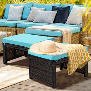 HAPPYGRILL 2 Piece Outdoor Wicker Ottomans, Patio Rattan Footstool with Cushions, Solid Steel Frame, Multifunctional Ottomans for Poolside Backyard Balcony