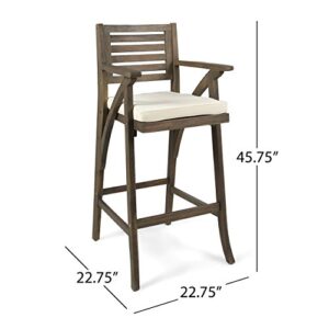 Hermosa Outdoor Acacia Wood Barstool (Set of 4), Grey with Cream Cushion