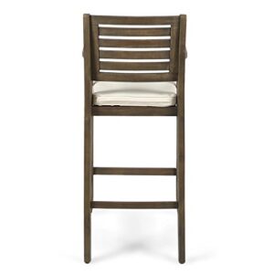 Hermosa Outdoor Acacia Wood Barstool (Set of 4), Grey with Cream Cushion