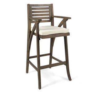 Hermosa Outdoor Acacia Wood Barstool (Set of 4), Grey with Cream Cushion