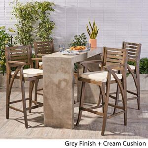 Hermosa Outdoor Acacia Wood Barstool (Set of 4), Grey with Cream Cushion