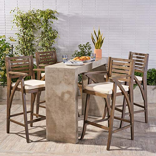 Hermosa Outdoor Acacia Wood Barstool (Set of 4), Grey with Cream Cushion