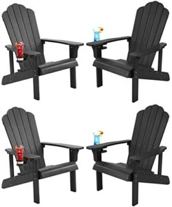 homehua adirondack chair set of 4, adirondack chair weather resistant with cup holder, imitation wood stripes, easy to assemble, outdoor chair for patio, backyard deck, fire pit & lawn porch – black