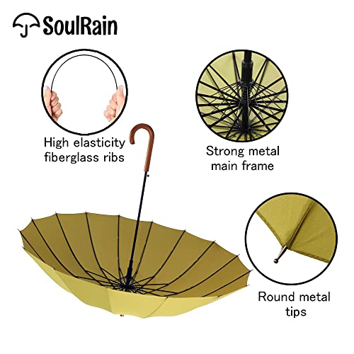 SoulRain 16 Ribs 48" Stick Umbrella Auto Open Solid Color Fashionable and Simple，Arc Classic Wood Handle，Windproof Unbreakable Stick Rain Umbrella (Matcha Green)