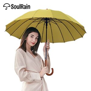SoulRain 16 Ribs 48" Stick Umbrella Auto Open Solid Color Fashionable and Simple，Arc Classic Wood Handle，Windproof Unbreakable Stick Rain Umbrella (Matcha Green)