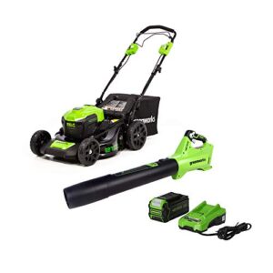 greenworks 40v 21-inch self-propelled mower/axial blower combo kit, 5ah usb battery and charger included, ck40l510