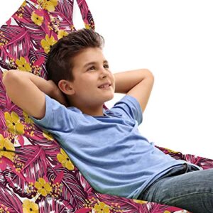 ambesonne hibiscus lounger chair bag, exotic summer leaves and jungle blossoms wilderness flora illustration, high capacity storage with handle container, lounger size, magenta and mustard