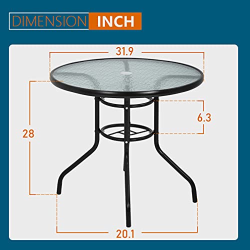 FDW with Umbrella Hole Outdoor Dining Round Tempered Glass All Weather Outside Clearance Patio Table for Yard Bistro Lawn Balcony, Black