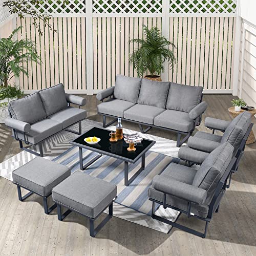 HOOOWOOO Aluminum Patio Furniture Set Outdoor Patio Conversation Set,7 Pieces Weather Resistant Outdoor Furniture Sofa Set with Armrest Cushion,Gray Frame Gray Cushion