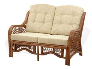 malibu lounge loveseat sofa natural rattan wicker handmade design with cream cushions, colonial