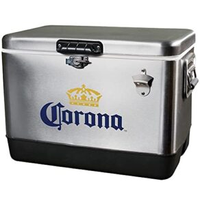 corona ice chest beverage cooler with bottle opener, 51l (54 qt), 85 can stainless steel portable cooler, silver and black, for camping, beach, rv, bbqs, tailgating, fishing