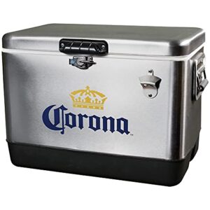 Corona Ice Chest Beverage Cooler with Bottle Opener, 51L (54 qt), 85 Can stainless steel Portable Cooler, Silver and Black, for Camping, Beach, RV, BBQs, Tailgating, Fishing