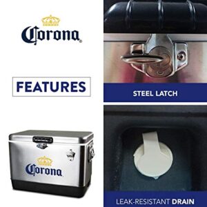 Corona Ice Chest Beverage Cooler with Bottle Opener, 51L (54 qt), 85 Can stainless steel Portable Cooler, Silver and Black, for Camping, Beach, RV, BBQs, Tailgating, Fishing