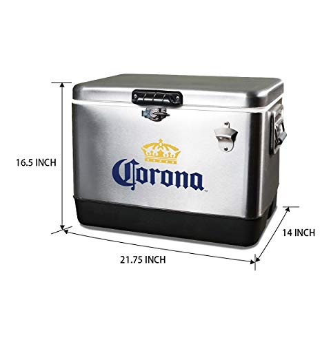 Corona Ice Chest Beverage Cooler with Bottle Opener, 51L (54 qt), 85 Can stainless steel Portable Cooler, Silver and Black, for Camping, Beach, RV, BBQs, Tailgating, Fishing