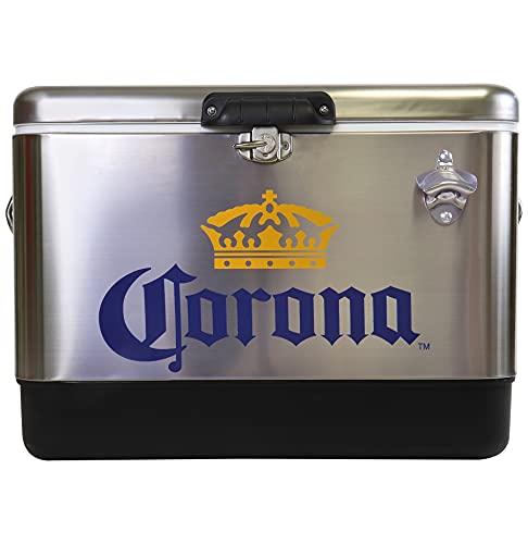 Corona Ice Chest Beverage Cooler with Bottle Opener, 51L (54 qt), 85 Can stainless steel Portable Cooler, Silver and Black, for Camping, Beach, RV, BBQs, Tailgating, Fishing