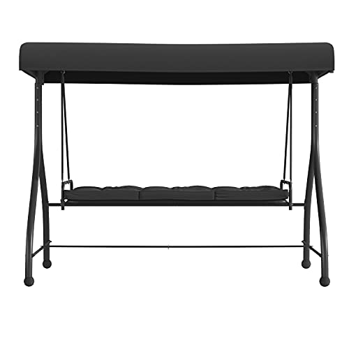 BizChair 3-Seat Outdoor Steel Converting Patio Swing Canopy Hammock with Cushions / Outdoor Swing Bed (Black)