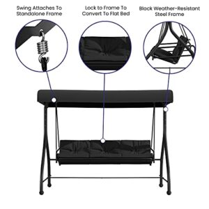 BizChair 3-Seat Outdoor Steel Converting Patio Swing Canopy Hammock with Cushions / Outdoor Swing Bed (Black)