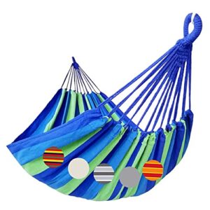gocan brazilian double hammock 2 person extra large 220x160cm total length 330cm load 500lb canvas cotton hammock for patio porch garden backyard lounging outdoor and indoor(blue/green) xxl