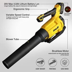 SHOP·AIR 20V Cordless Leaf Blower, 450CFM/110MPH Brushless Blower with Variable Speed, Lightweight for Lawn Care Snow Blowing Yard Cleaning, 4.0Ah Battery (Quick Charger Included)