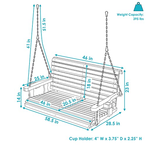 Sunnydaze Traditional Wooden Porch Swing - Hanging Outdoor Patio Wooden Bench - Porch and Patio Swing with Chains - Finished Wood Porch Swing - 2-Person Bench Swing - 58.5-Inch