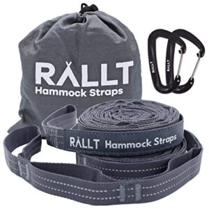 rallt ultralight hammock straps – tree straps w/wire gate carabiners for portable outdoor hiking and camping gear – 20ft suspension system kit – 2,000+ lbs polyester straps (charcoal, 1 pack)