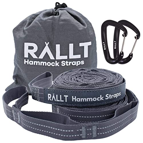 RALLT Ultralight Hammock Straps - Tree Straps w/Wire Gate Carabiners for Portable Outdoor Hiking and Camping Gear - 20ft Suspension System Kit - 2,000+ lbs Polyester Straps (Charcoal, 1 Pack)