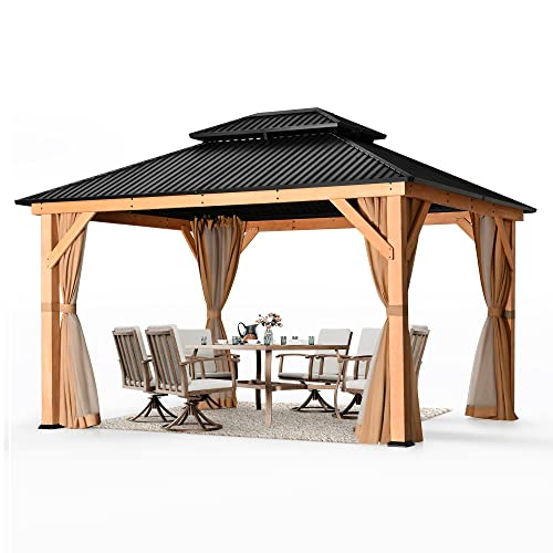 HAPPATIO 11' × 13' Wood Gazebo, Outdoor Hardtop Gazebo with Mosquito Netting and Curtains, Double Metal Roof Patio Gazebo Hard Top Gazebo for Garden, Patio, Deck, Parties (Brown)