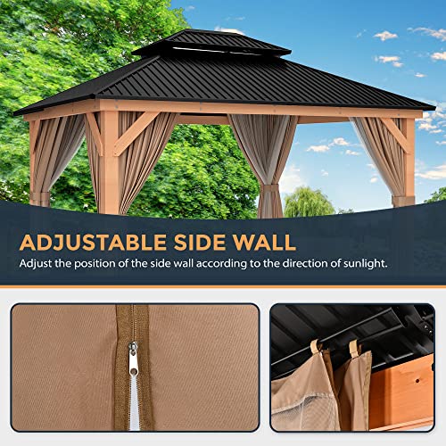 HAPPATIO 11' × 13' Wood Gazebo, Outdoor Hardtop Gazebo with Mosquito Netting and Curtains, Double Metal Roof Patio Gazebo Hard Top Gazebo for Garden, Patio, Deck, Parties (Brown)