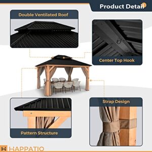 HAPPATIO 11' × 13' Wood Gazebo, Outdoor Hardtop Gazebo with Mosquito Netting and Curtains, Double Metal Roof Patio Gazebo Hard Top Gazebo for Garden, Patio, Deck, Parties (Brown)