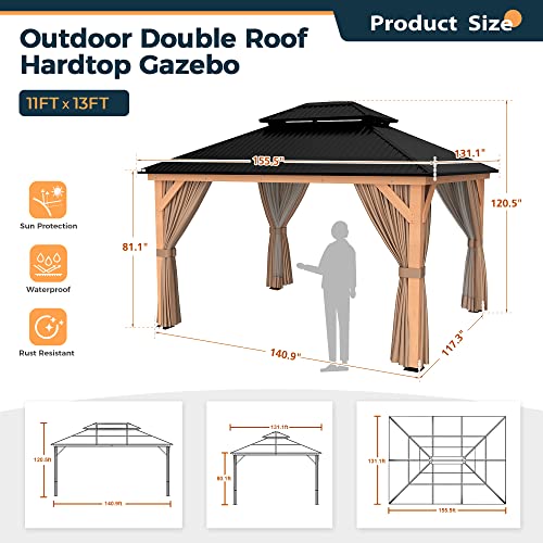 HAPPATIO 11' × 13' Wood Gazebo, Outdoor Hardtop Gazebo with Mosquito Netting and Curtains, Double Metal Roof Patio Gazebo Hard Top Gazebo for Garden, Patio, Deck, Parties (Brown)