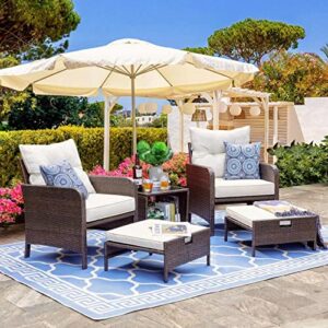 shintenchi 5 pieces outdoor wicker patio furniture set,all weather pe wicker rattan patio conversation set with cushioned patio lounge chairs, ottoman underneath set, table for lawn, pool, balcony