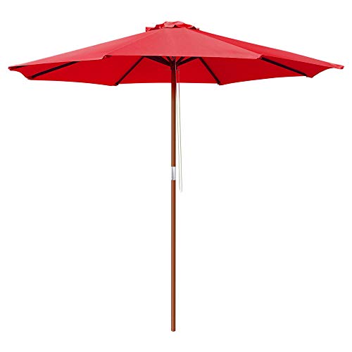 Yescom 9ft Wooden Outdoor Patio Red Umbrella W/ Pulley Market Garden Yard Beach Deck Cafe Sunshade