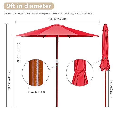 Yescom 9ft Wooden Outdoor Patio Red Umbrella W/ Pulley Market Garden Yard Beach Deck Cafe Sunshade