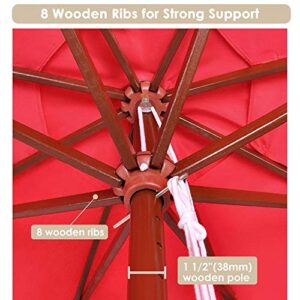 Yescom 9ft Wooden Outdoor Patio Red Umbrella W/ Pulley Market Garden Yard Beach Deck Cafe Sunshade