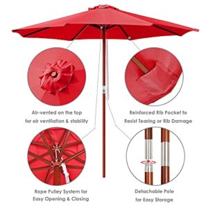 Yescom 9ft Wooden Outdoor Patio Red Umbrella W/ Pulley Market Garden Yard Beach Deck Cafe Sunshade