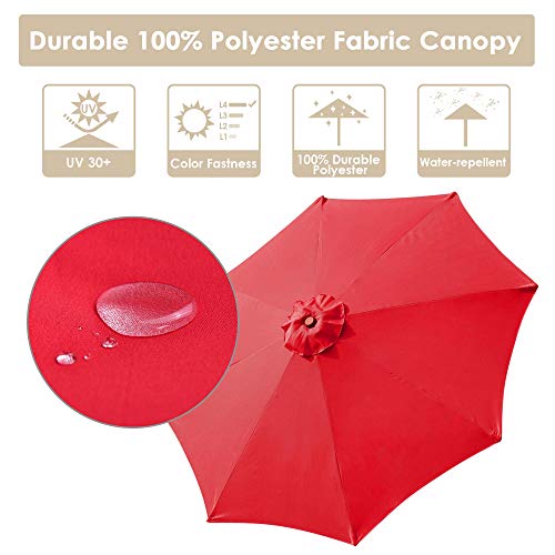 Yescom 9ft Wooden Outdoor Patio Red Umbrella W/ Pulley Market Garden Yard Beach Deck Cafe Sunshade