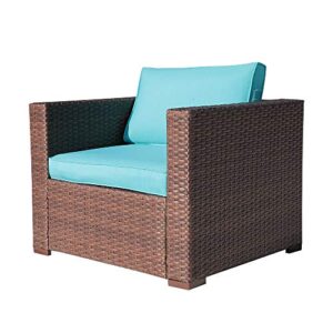 oc orange-casual outdoor patio armchair sofa chair all-weather wicker furniture with turquoise cushions, additional chair for sectional sets, garden, backyard, pool