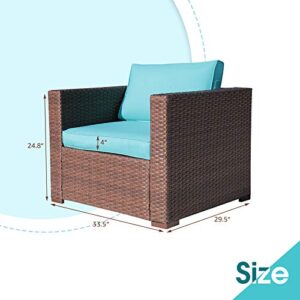 OC Orange-Casual Outdoor Patio Armchair Sofa Chair All-Weather Wicker Furniture with Turquoise Cushions, Additional Chair for Sectional Sets, Garden, Backyard, Pool