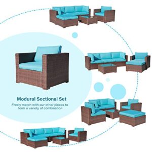 OC Orange-Casual Outdoor Patio Armchair Sofa Chair All-Weather Wicker Furniture with Turquoise Cushions, Additional Chair for Sectional Sets, Garden, Backyard, Pool