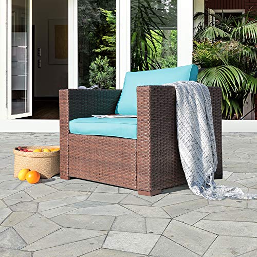 OC Orange-Casual Outdoor Patio Armchair Sofa Chair All-Weather Wicker Furniture with Turquoise Cushions, Additional Chair for Sectional Sets, Garden, Backyard, Pool