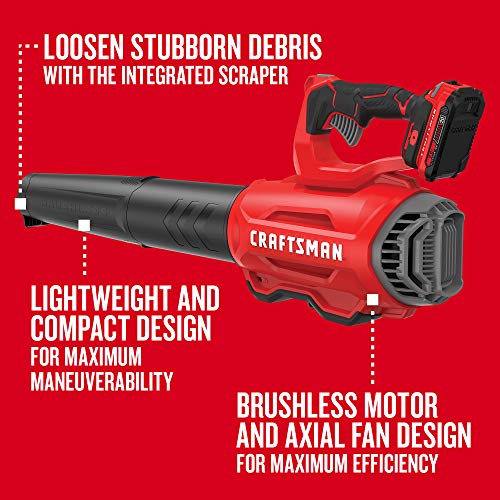 CRAFTSMAN V20 Cordless Leaf Blower, Variable Speed, Up To 100 MPH, with 2 Batteries and Charger (CMCBL720D2)