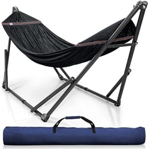 tranquillo double hammock with stand included for 2 persons/ foldable hammock stand 550 lbs capacity portable case – inhouse, outdoor, camping, black