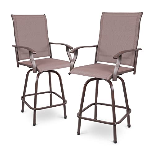 MoNiBloom Outdoor Swivel Patio Chair Set of 2, Breathable Fabric High Top Outdoor Chairs 360 Degree Swivel Patio Bar Stools with Metal Frame and High Back Design for Backyard Lawn Balcony, Brown