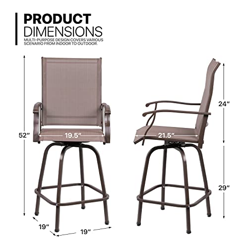 MoNiBloom Outdoor Swivel Patio Chair Set of 2, Breathable Fabric High Top Outdoor Chairs 360 Degree Swivel Patio Bar Stools with Metal Frame and High Back Design for Backyard Lawn Balcony, Brown
