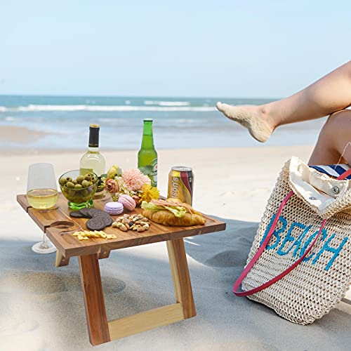 SASIDO Portable Wine Picnic Table Foldable, Gift for Wine Lover, Acacia Wood, Bed Tray for Eating, Decor for Romantic Dinners, Beach, Camping, Concerts at Park